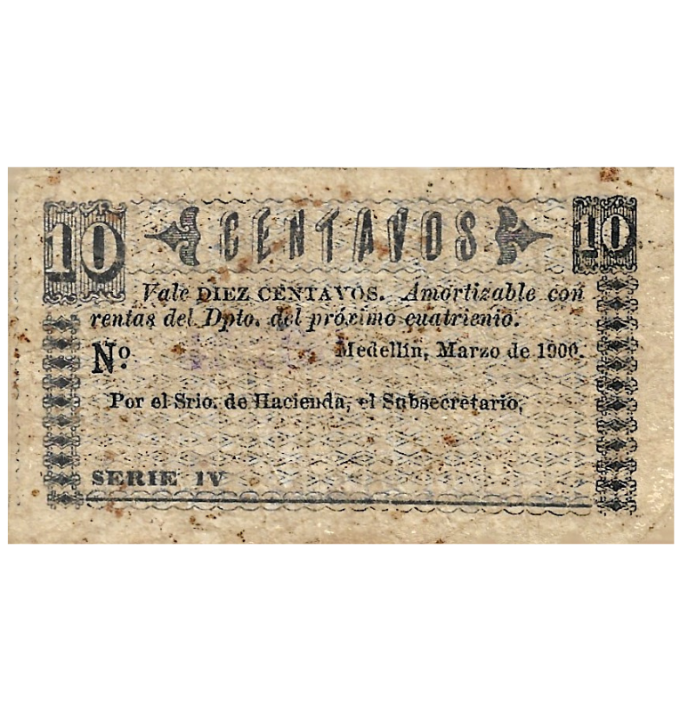 Colombia 10 Centavos Medellín marzo 1900 NO UNC